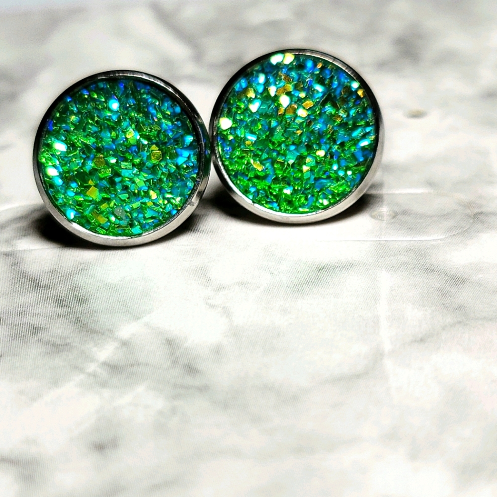 Lime Green Druzy Stud Earrings